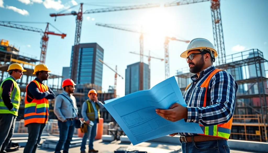 New York General Contractor supervising a construction project with diverse team, showcasing urban landscape.