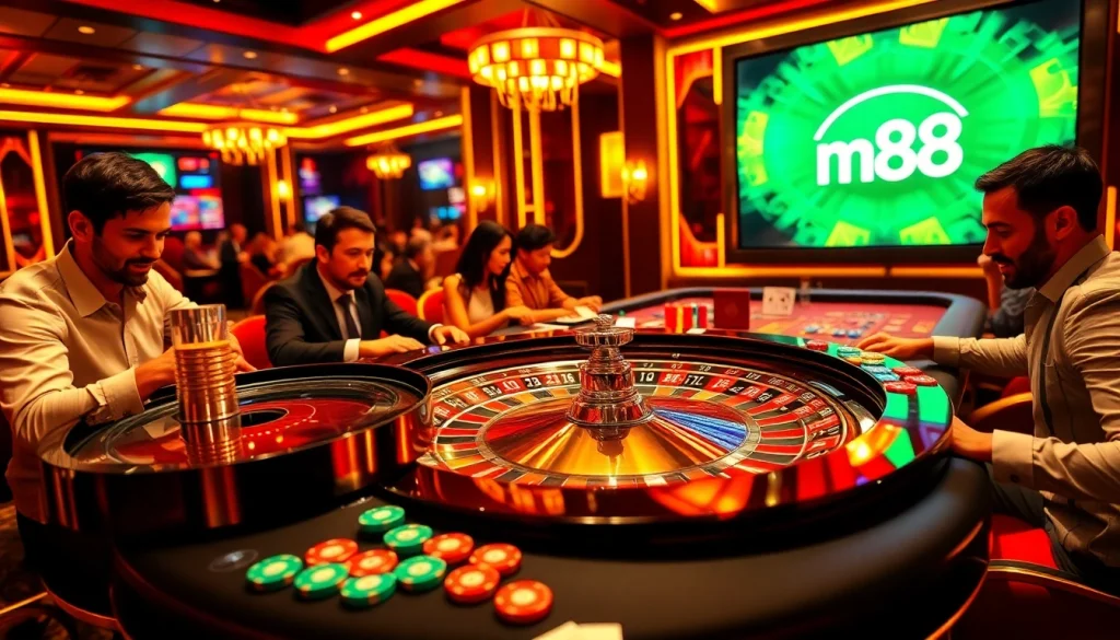 Experience mm88 casino excitement with vibrant roulette action, players, chips, and cards.