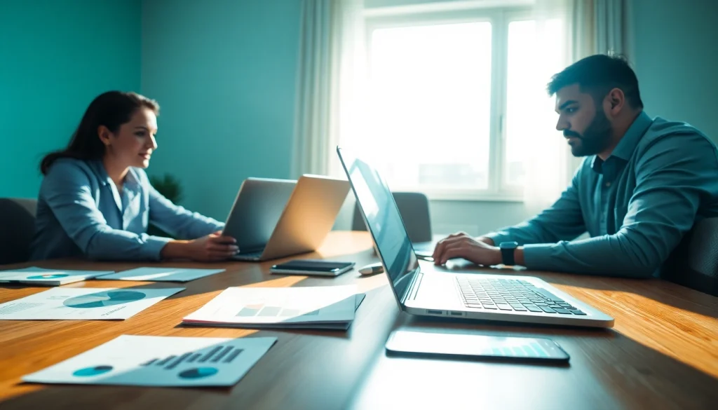Engaged team analyzing tiktok smm panel performance metrics with laptops and charts.