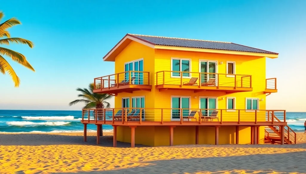 Relaxing view of a coastal cabana featuring cheerful colors and palm trees by the beach.