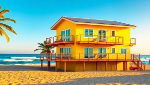 Relaxing view of a coastal cabana featuring cheerful colors and palm trees by the beach.