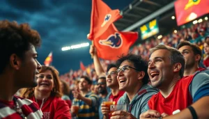 스포츠중계 장면에서 열광하는 팬들이 팀 깃발을 흔들며 응원하는 모습입니다.