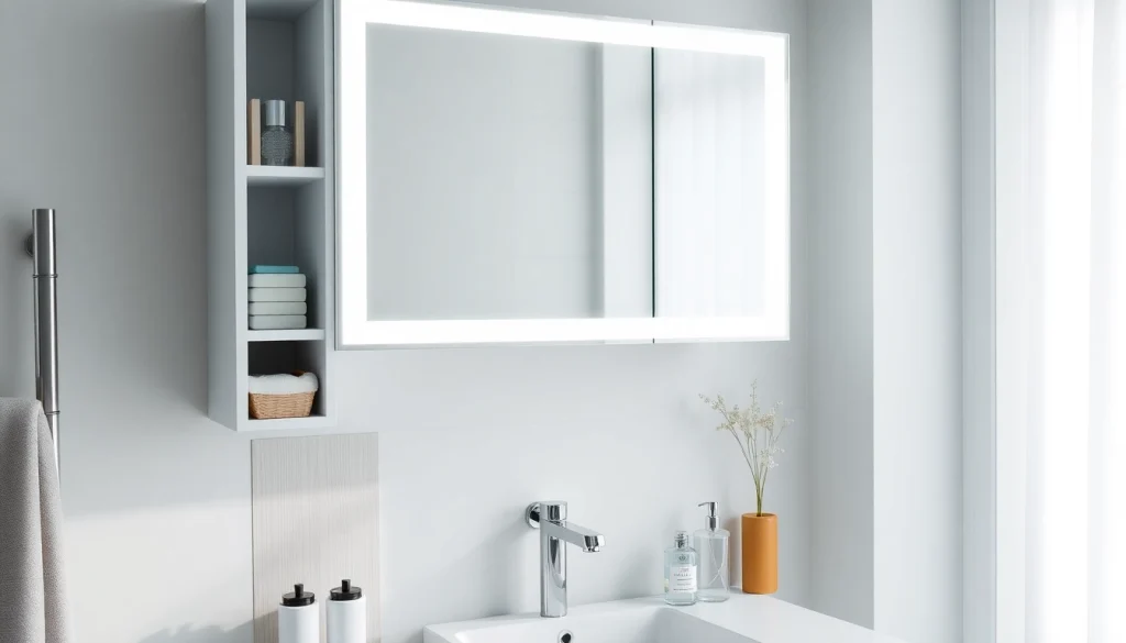 Spiegelschrank mit LED Beleuchtung zeigt modernes Design und praktische Funktionalität im Bad.