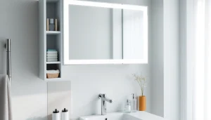 Spiegelschrank mit LED Beleuchtung zeigt modernes Design und praktische Funktionalität im Bad.