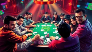 Menampilkan aksi intens dalam permainan Domino88 poker game dengan pemain yang beragam.