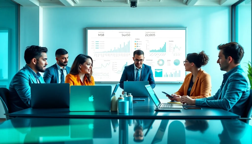 Team analyzing data for enhancing the smm panel in a vibrant, modern office setting.