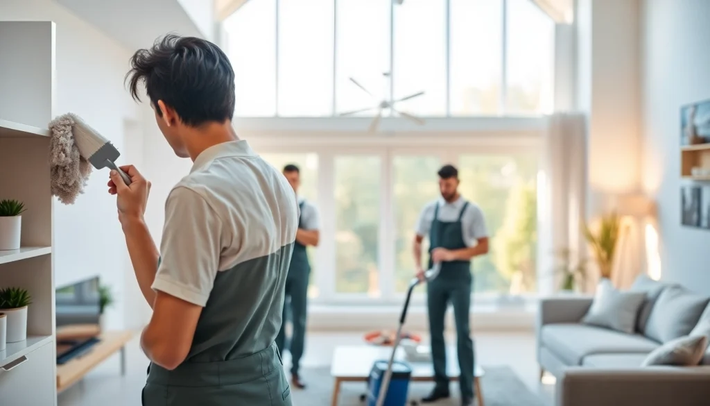 Engaging cleaning service team showcasing their expertise in a modern home environment.