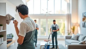 Engaging cleaning service team showcasing their expertise in a modern home environment.