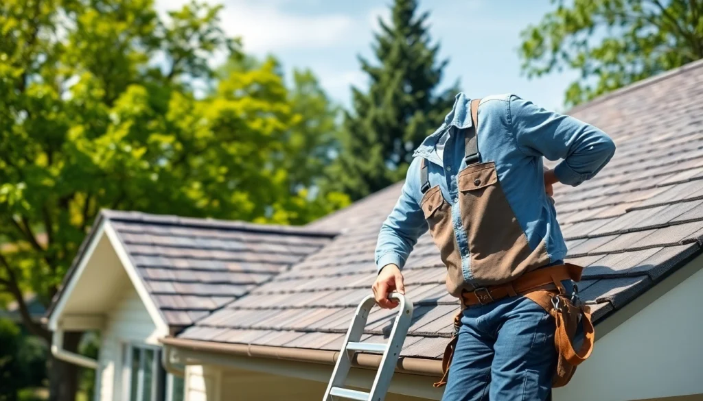 Showcasing reliable roofing services with a professional inspection of a well-maintained suburban roof.