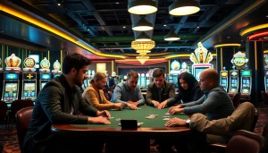 Engaged gamblers at https://whycazino.com poker table showcasing strategy and excitement in a lively casino atmosphere.