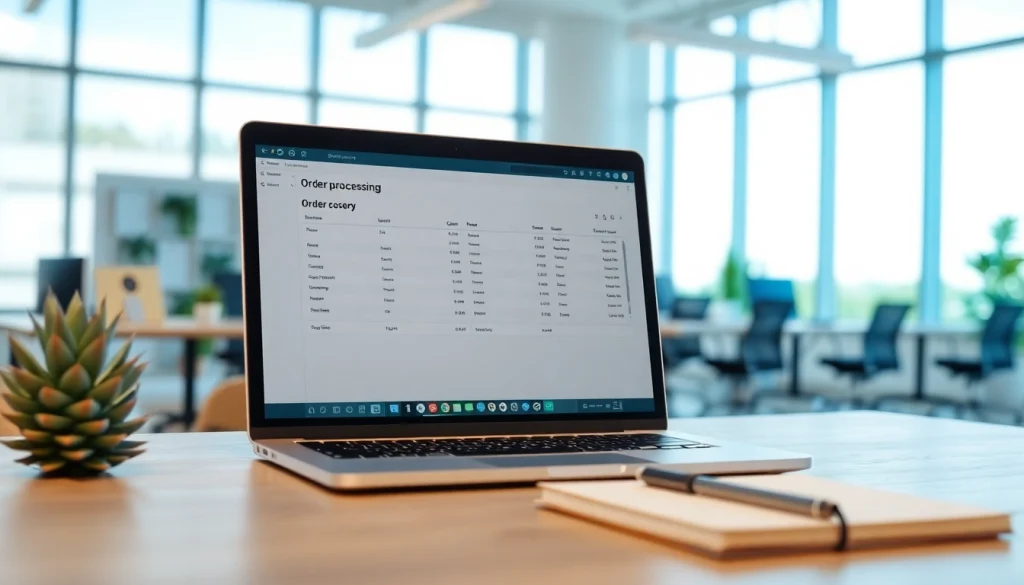 Visualize order processing software interface in a modern workspace with a clean design.
