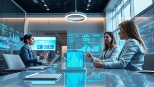 Футуристический финансовый офис, демонстрирующий технологии страхования жизни 79KING и специалистов в 2025 году