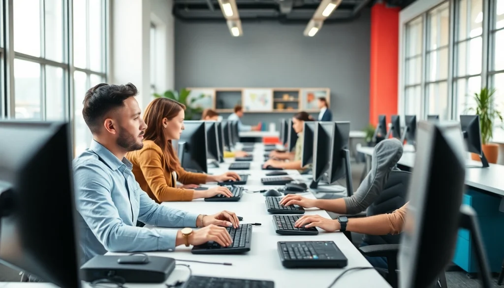 Engaged professionals in a typing center showcasing modern setups and a collaborative atmosphere.