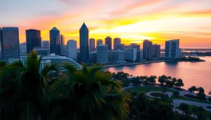 View of Tampa skyline beautifully reflecting in the water at sunset with palm trees in foreground.