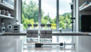 Buy peptides online with professional vials in a clean laboratory setting.