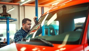 Truck windshield replacement Denver service technician installing a windshield in a bright auto repair shop.