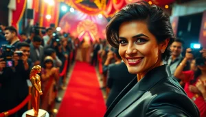 Captivating scene at a Bollywood premiere showcasing https://theopinionatedindian.com glamour with a celebrity.