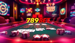 Visualize an engaging online gambling scene featuring 789BET đăng nhập with casino tables, cards, and chips.