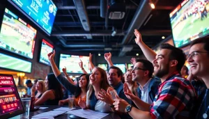 Engaged fans enjoying sports betting in California at a vibrant sportsbook scene.