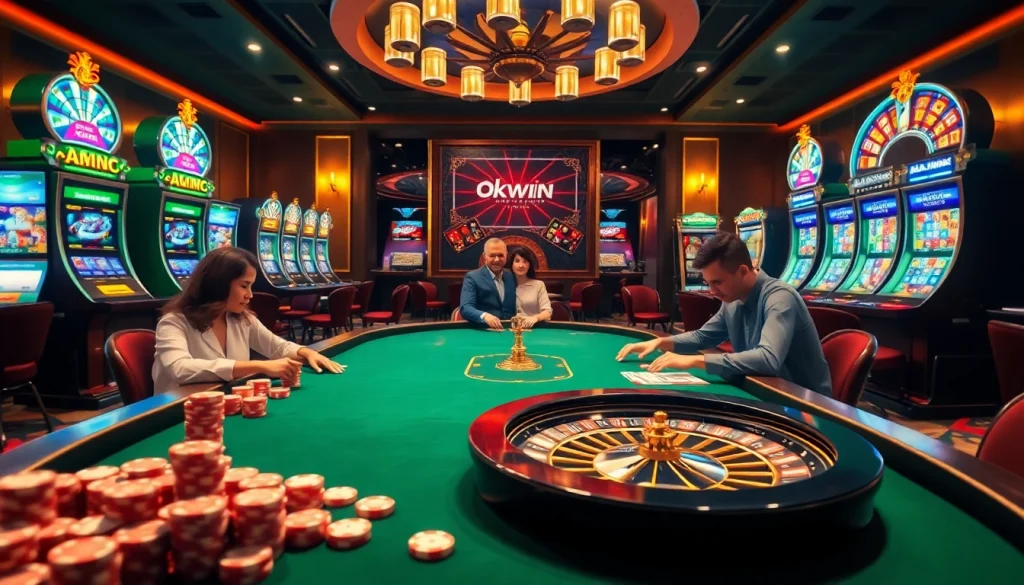 Okwin players strategizing at an exciting poker table in a luxurious casino setting.