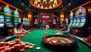 Okwin players strategizing at an exciting poker table in a luxurious casino setting.