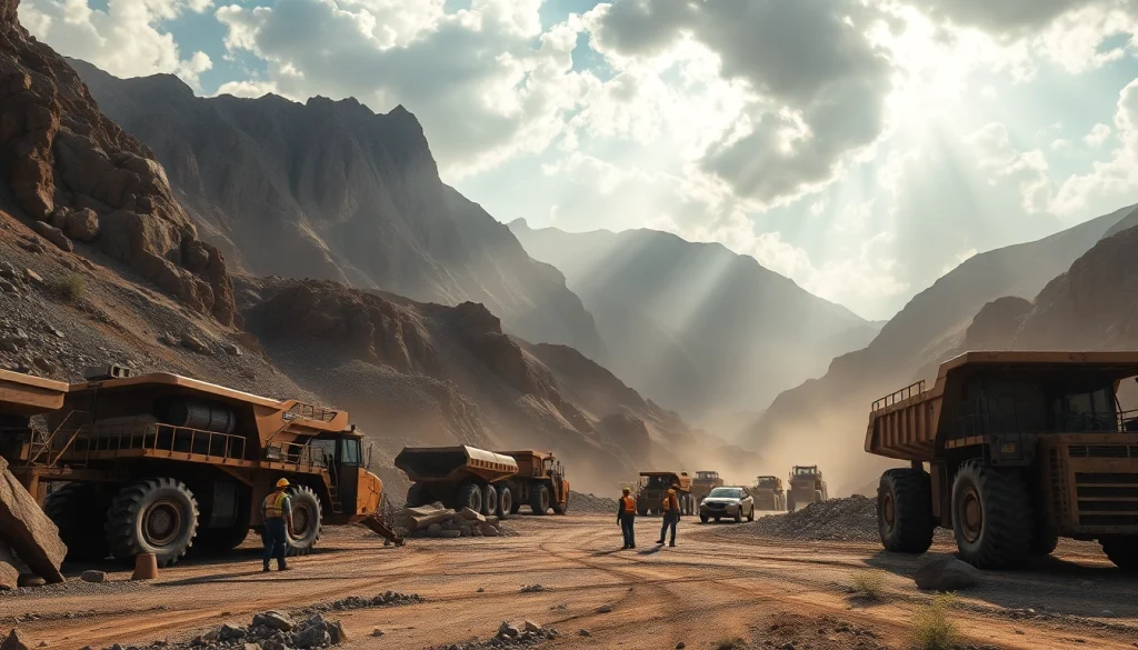 Workers navigating active mines showcasing machinery and mountainous terrain.