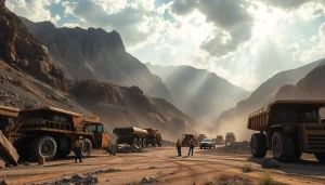 Workers navigating active mines showcasing machinery and mountainous terrain.