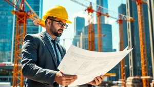 New York Construction Manager analyzing plans amidst an active construction site in NYC.
