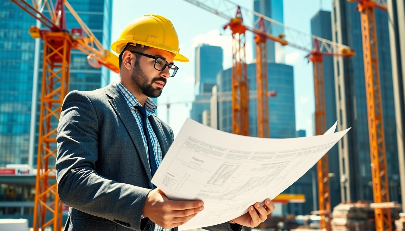 New York Construction Manager analyzing plans amidst an active construction site in NYC.