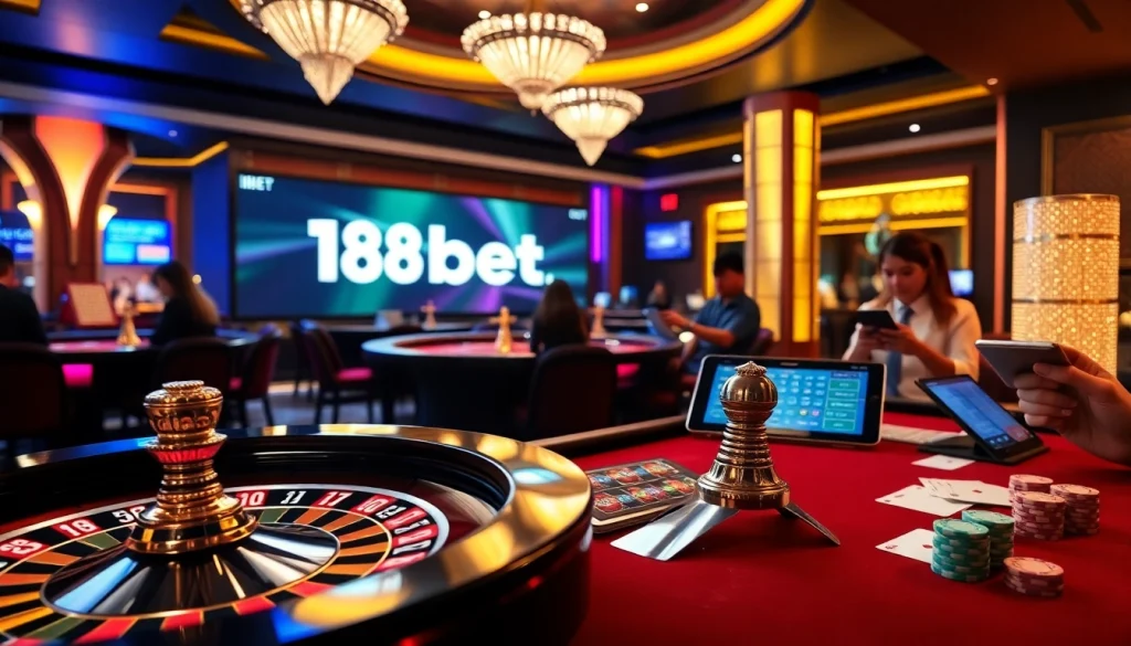 Players engaging with the 188bet online gaming platform on smartphones and tablets during a casino game.