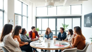 Business coach los Angeles guiding a diverse group in a modern office environment.