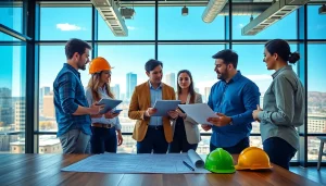 Engaged professionals in a construction association denver setting discussing plans and blueprints.