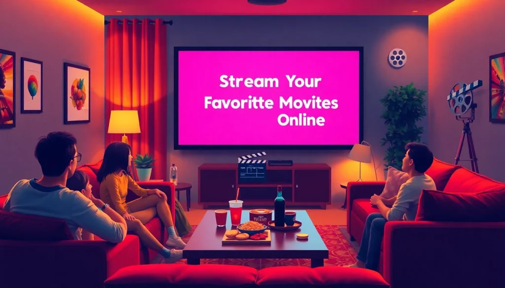 Enjoying filmes online in a cozy home theater setup with snacks and warm lighting.