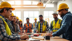 Facilitating construction workforce development training with diverse participants in a vibrant classroom.