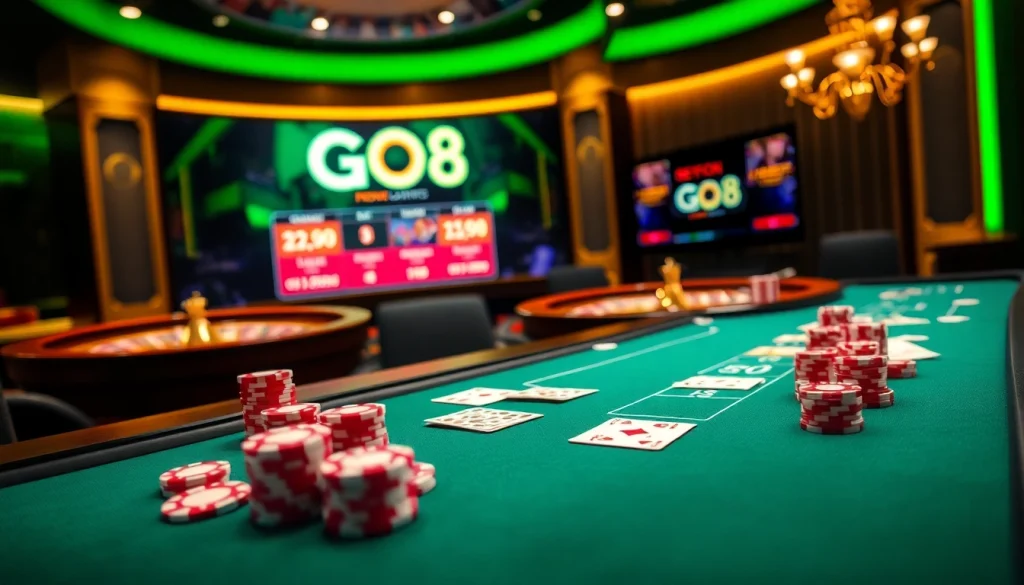 Experience thrilling gaming at GO8 with poker chips and a roulette wheel in a luxurious casino setting.