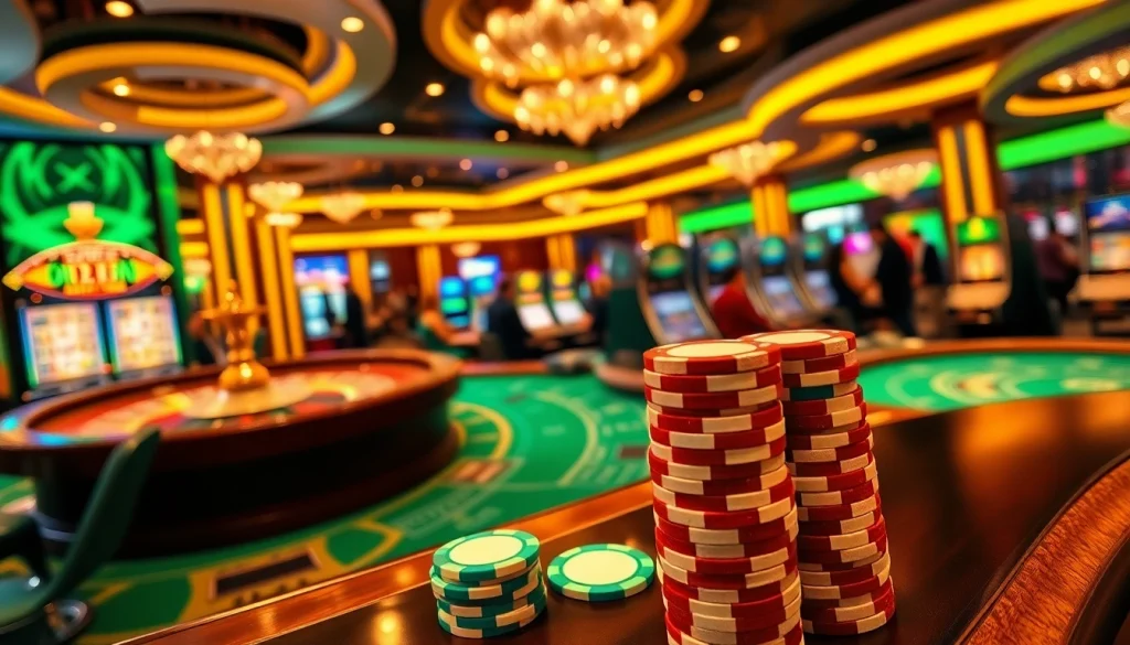 Experience the thrill of qq88 khuyến mãi at a vibrant casino scene featuring poker chips and a roulette wheel.