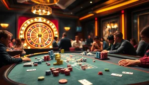 Experience thrilling gaming at a luxury casino featuring 'Nếu như vậy bám vào đây' with poker chips and a spinning roulette wheel.