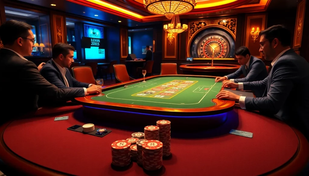 Players enjoying high-stakes poker at MM88COM's luxurious casino table.