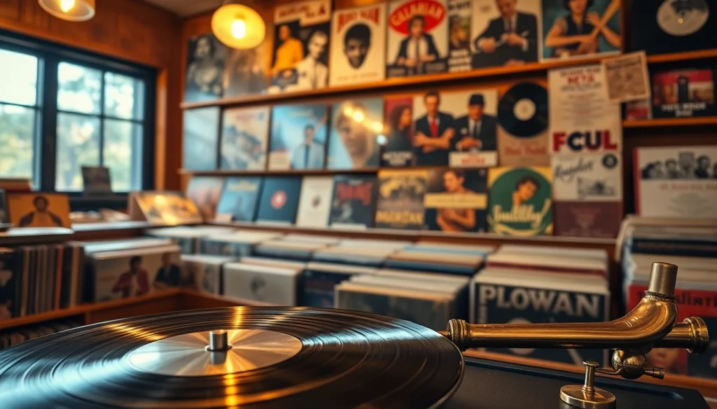 Showcasing gramaphone records in a warm and inviting record store setting.
