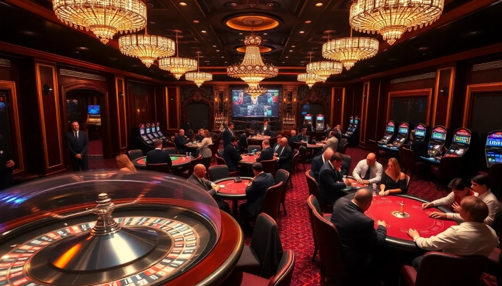 Excited gamblers enjoying games at new66 casino, featuring lively poker tables and spinning roulette wheels.