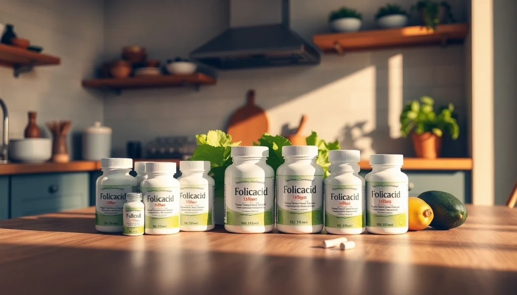 居心地の良いキッチンで葉酸サプリを高品質に展示し、健康とウェルネスを強調する写真
