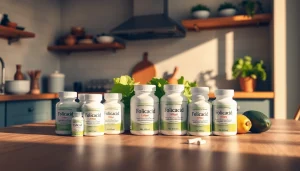 居心地の良いキッチンで葉酸サプリを高品質に展示し、健康とウェルネスを強調する写真