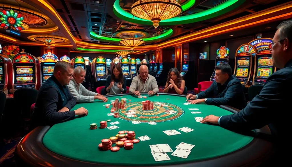Engaging players at the Go8 casino table with vibrant poker chips and cards.