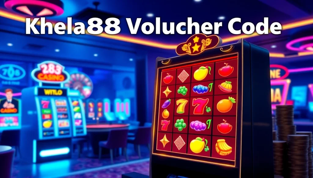 A captivating online casino scene illustrating Khela88 voucher code in use with engaging slot machines and gaming elements.