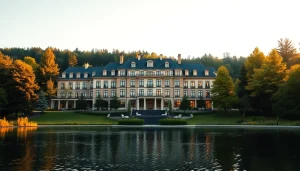Luxury hotel in Sweden with a stunning lakeside view and elegant facade, inviting relaxation.