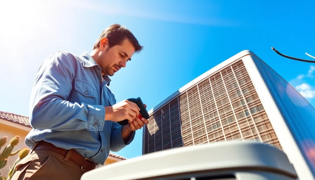 Expert technician performing ac repair phoenix az in a sunny Phoenix backyard.