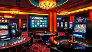Experience excitement at vuabai9 casino with vibrant gaming tables, slot machines, and roulette wheels.