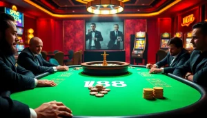 W88 casino enthusiasts engaging at a luxurious poker table in a vibrant online gaming environment.