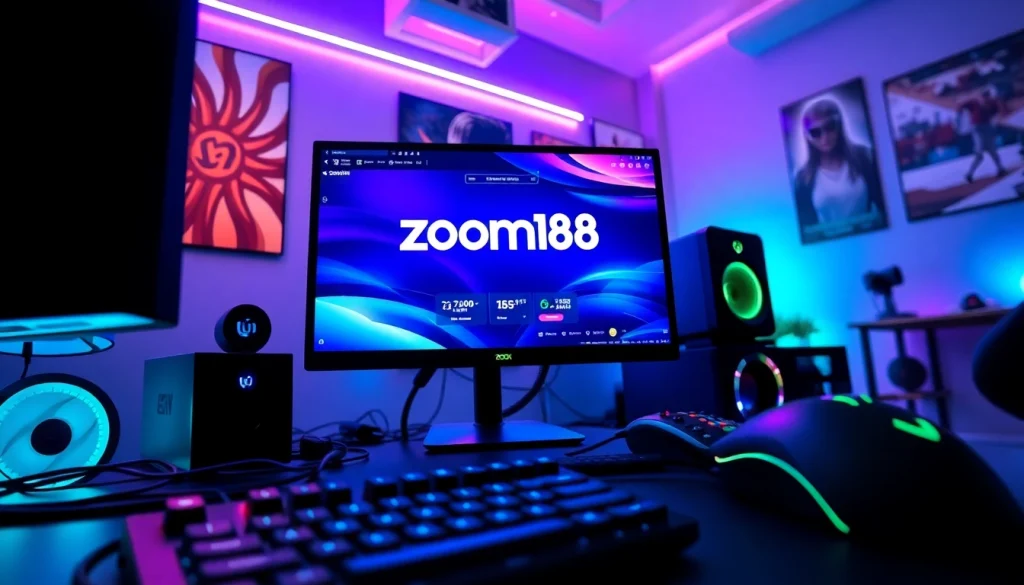Menggambarkan suasana gaming dengan zoom188 di layar utama dan aksesori gaming modern.
