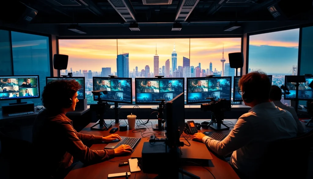 Showcasing skilled professionals in action offering video editing services in a vibrant studio setting.